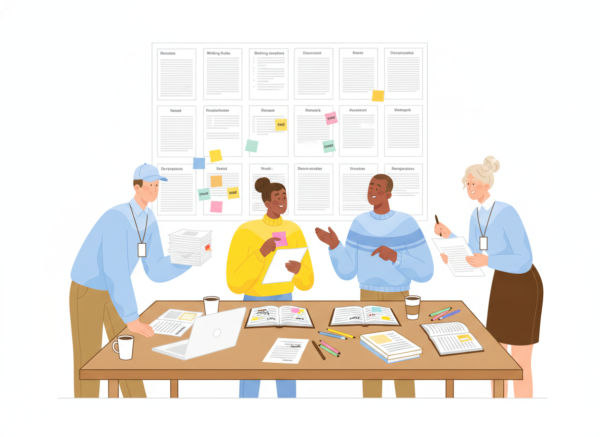A small documentation team gathered around a shared table, comparing printed pages and adding sticky notes to a wall of labeled writing rules