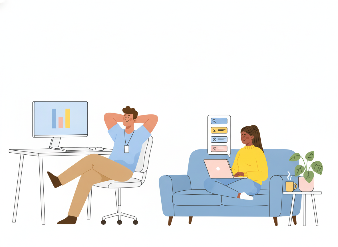 A relaxed support agent leans back at their desk while a customer at home on a sofa solves a problem with a help article on a laptop