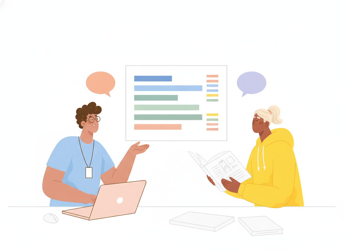 Two colleagues at a desk, one at a laptop and one reading a manual, discussing a color-coded term list on the wall