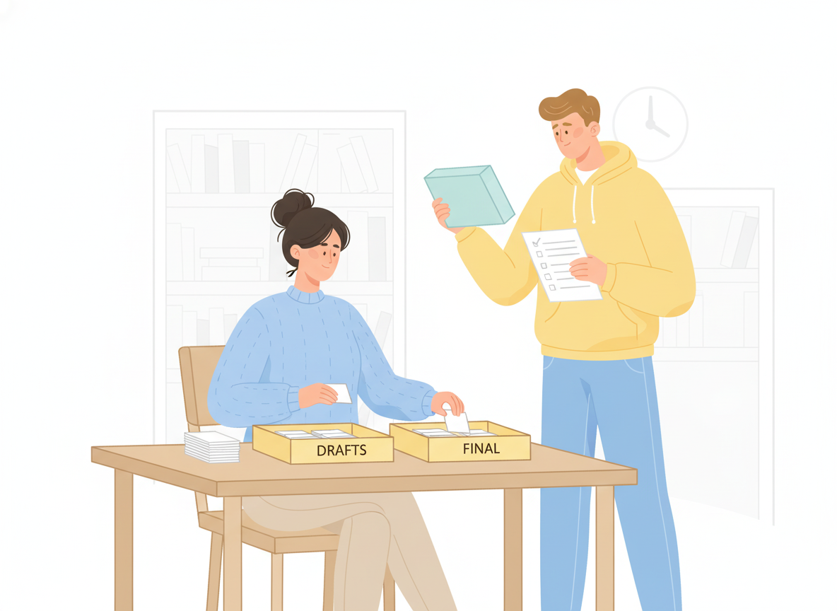 A writer at a desk sorting index cards into two labeled trays while a colleague checks a product box against a list