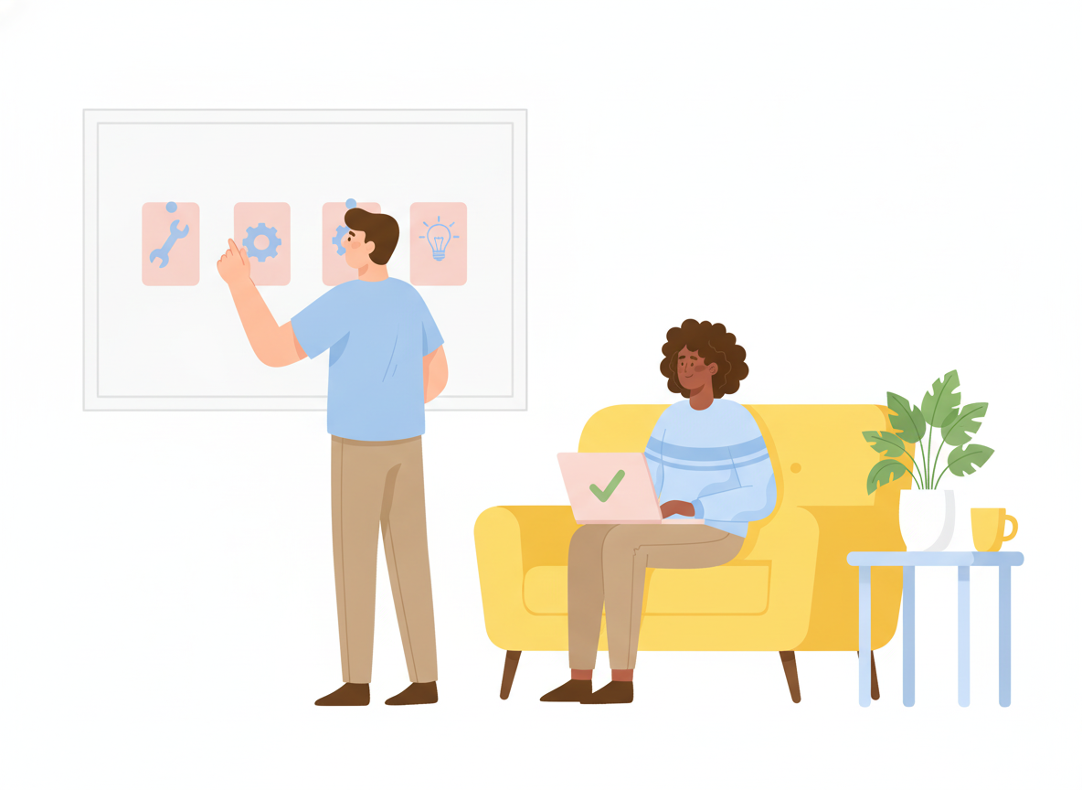 A support writer arranging fix cards on a board while a customer at home sees a checkmark on their laptop