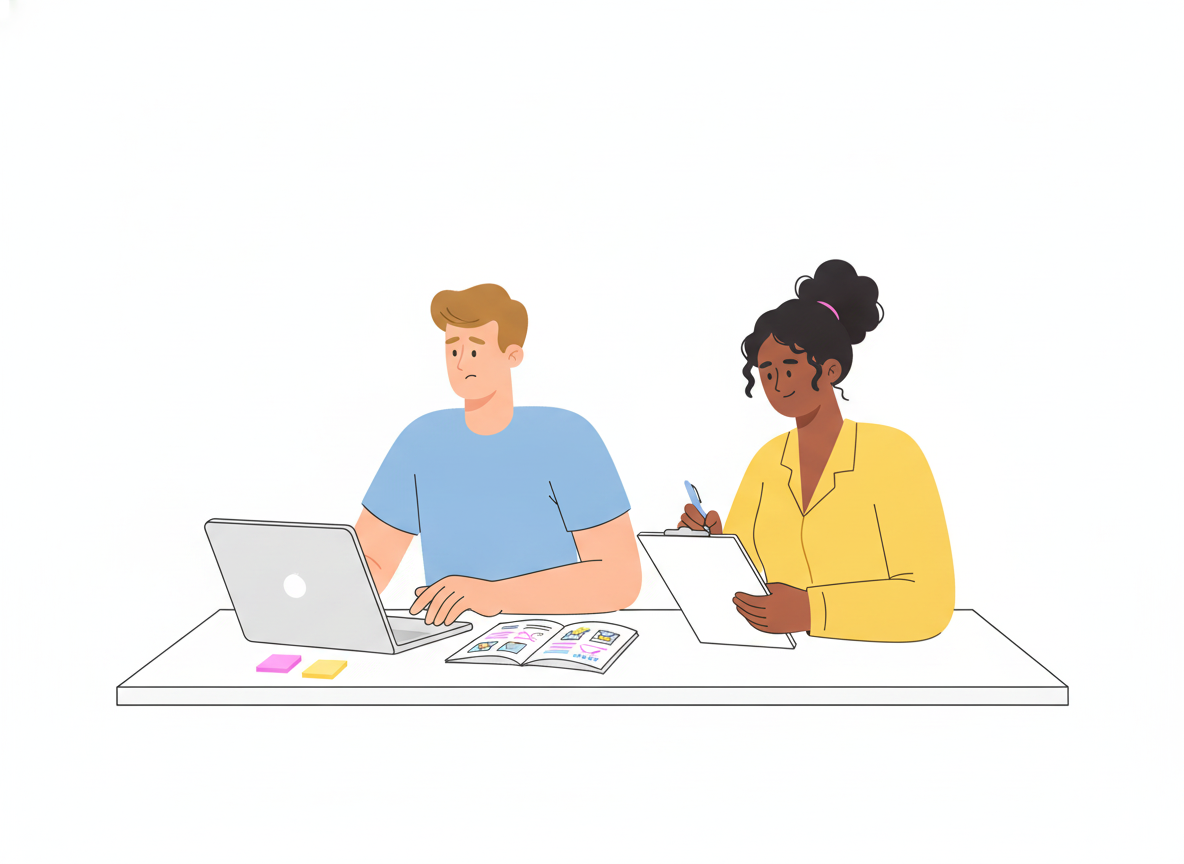 A colleague testing a printed troubleshooting guide on a laptop while the writer takes notes on a clipboard