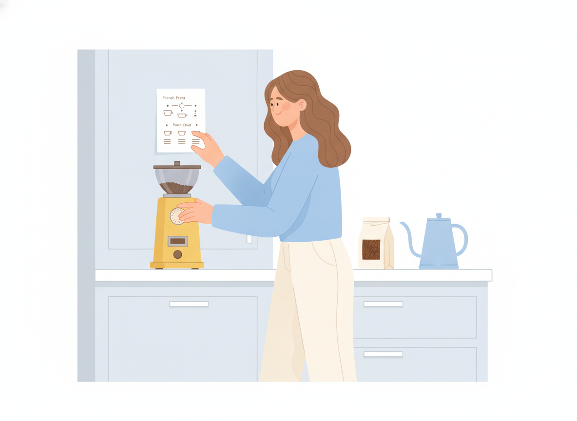 A person in a kitchen checking a grinder dial against a printed settings table taped to the cupboard