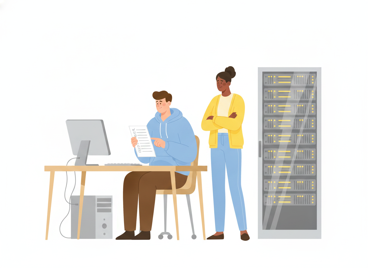An IT engineer at a desk at night calmly following a printed step-by-step guide while a server rack glows in the background and a teammate looks on