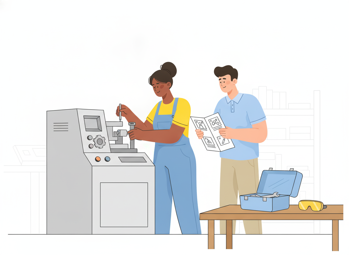 A trainer fits a part on a machine while a new team member compares the step to photos on a printed instruction sheet