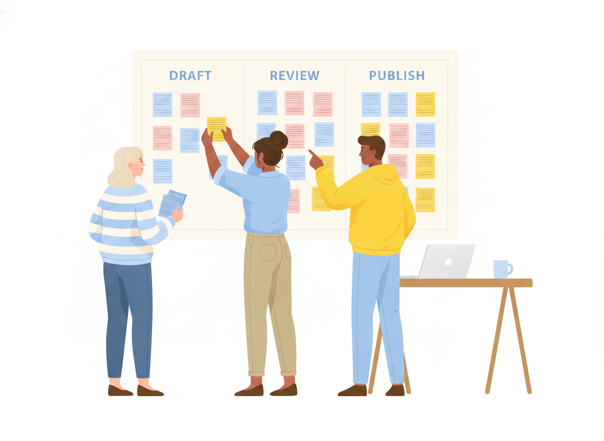 A documentation team running a content pipeline, moving article cards through draft, review, and publish stages on a wall board